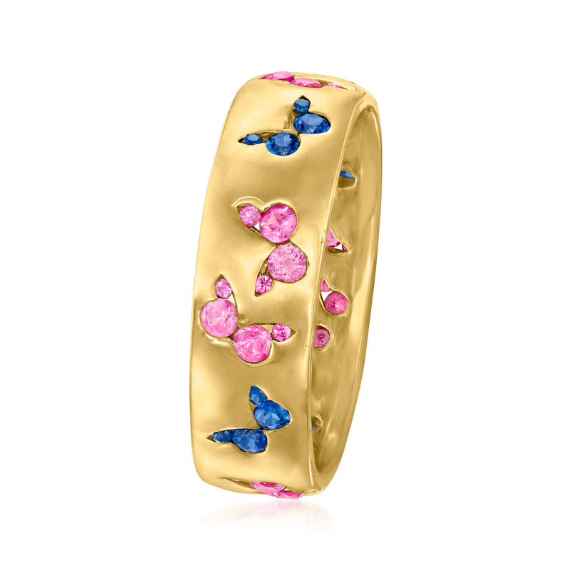 Gold butterfly ring with pink heart-shaped stones and blue sapphire details, side view