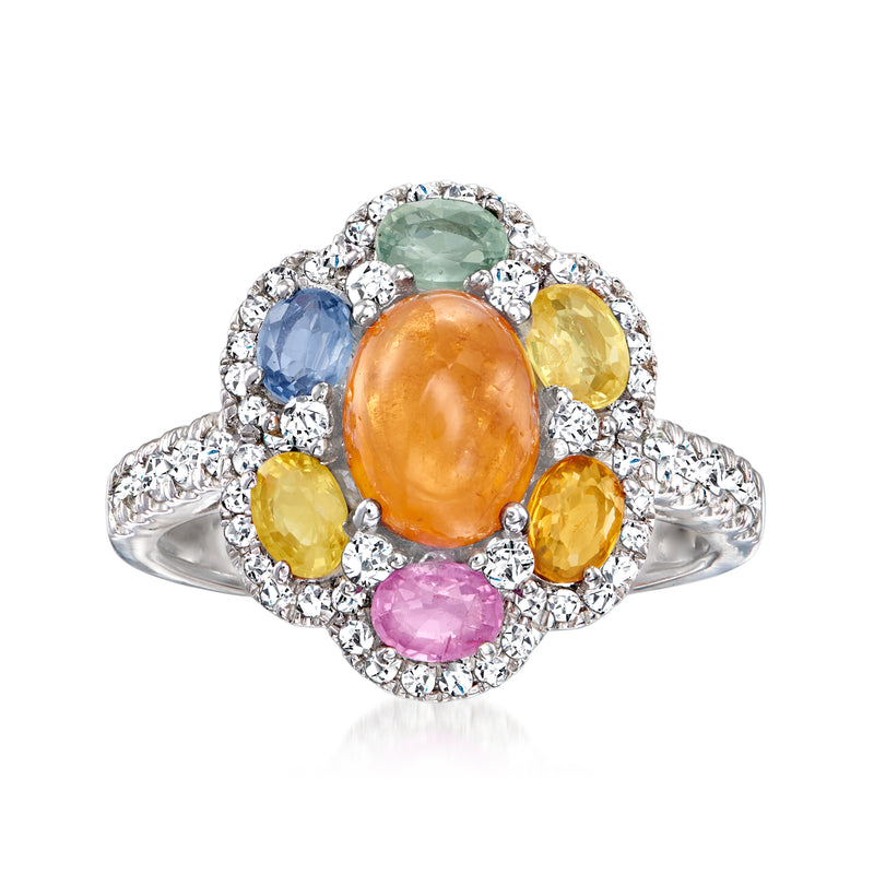 Sterling silver flower ring with orange center oval and blue, yellow, pink gemstones
