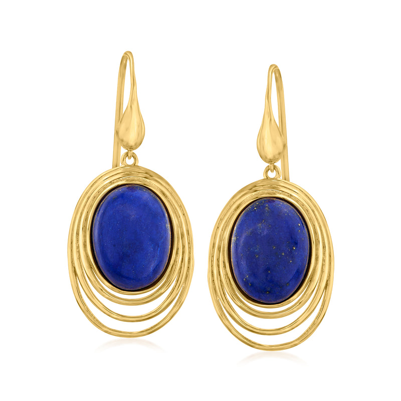 Gold drop earrings with blue lapis oval cabochon and layered gold frames on earwires