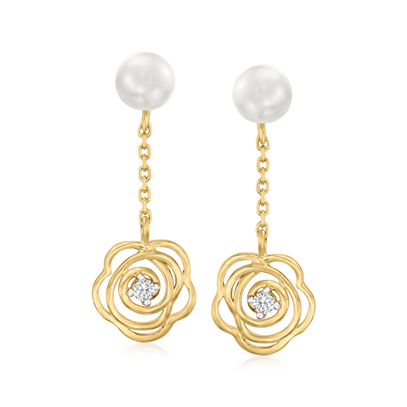 Yellow gold cultured pearl drop earrings with diamond-accent flower centers
