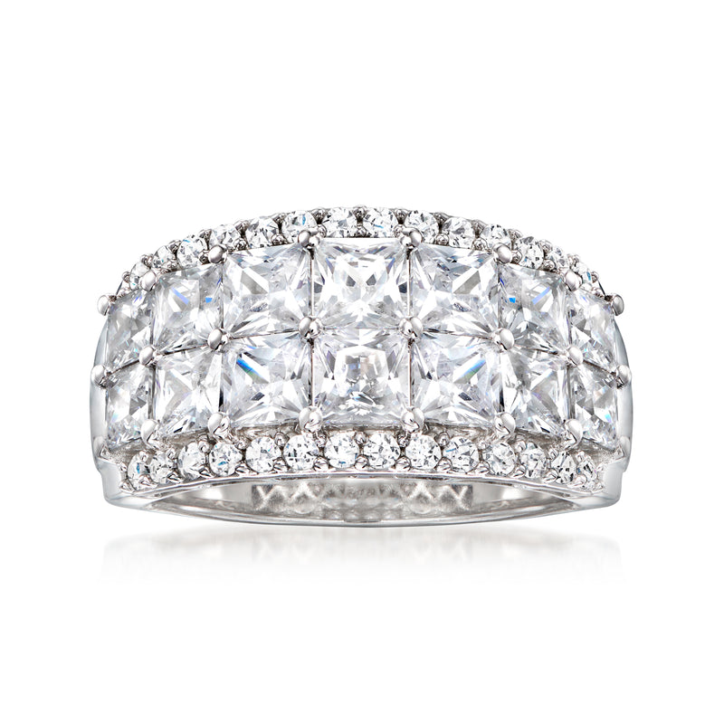 Sterling silver CZ ring with emerald-cut center and round halo stones, wide band