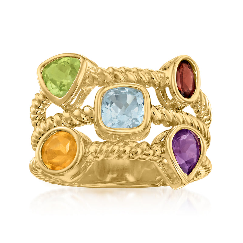 Gold over sterling three-row ring with green, blue, purple, yellow, and red gemstones