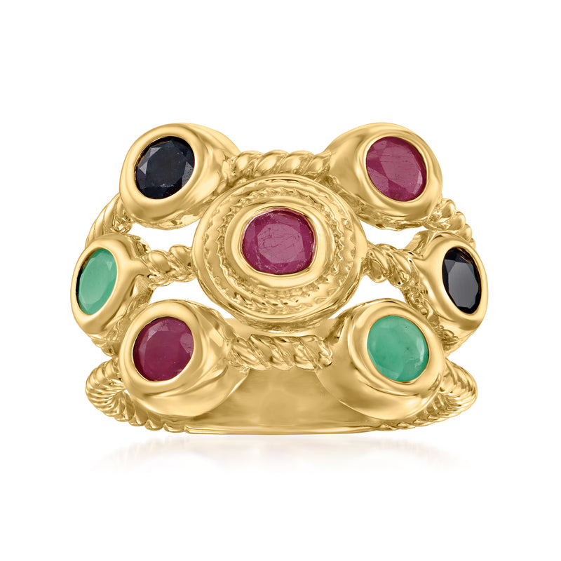 Gold-tone multi-stone ring with round purple, green, and dark blue gemstones.