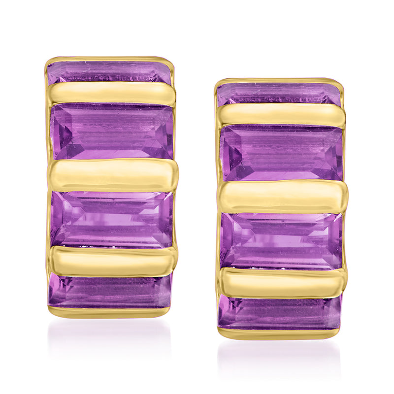 Gold-tone amethyst baguette huggie hoop earrings with stacked purple stones