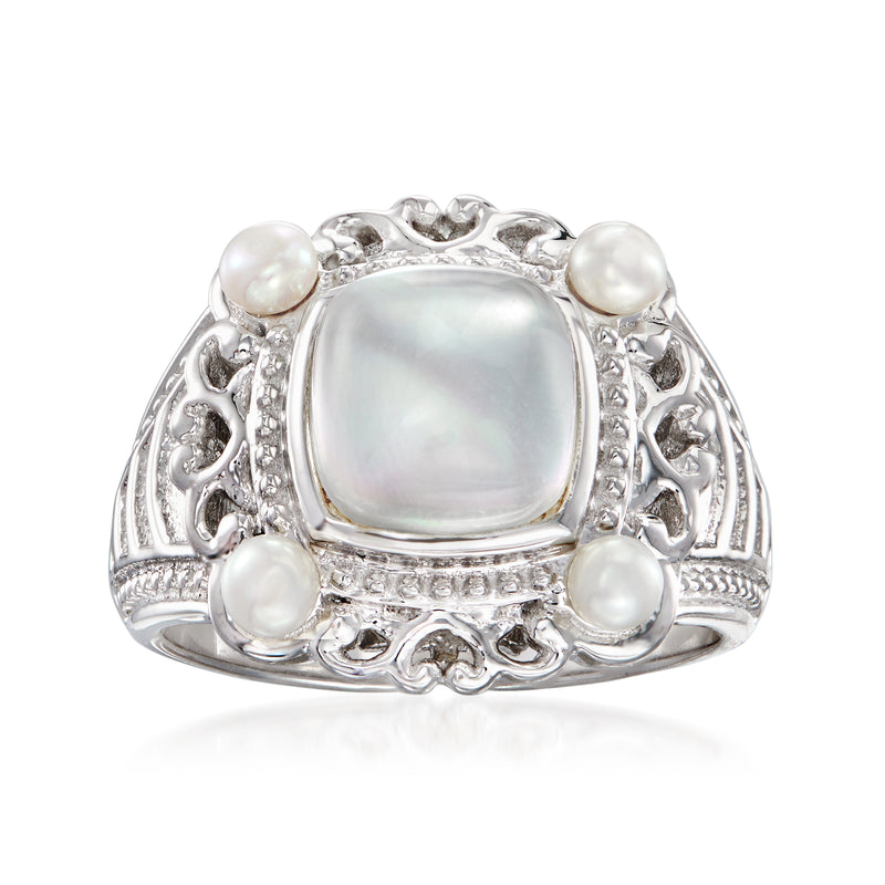 Sterling silver ring with oval mother-of-pearl centerpiece and four 3mm cultured pearls