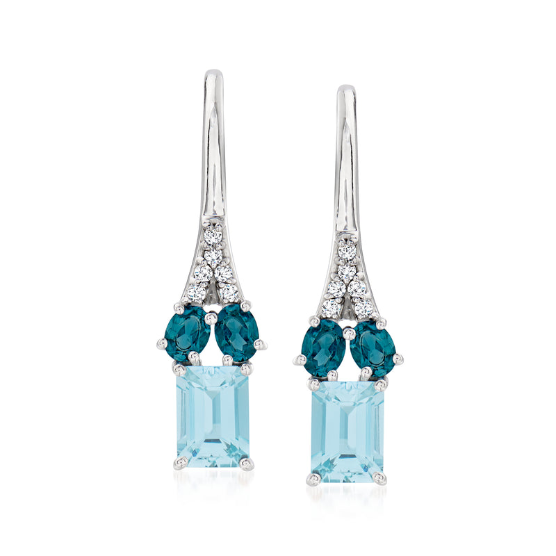 Sterling silver drop earrings with light blue aquamarine, dark blue topaz, and diamond accents