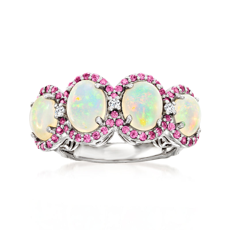 Sterling silver ring with three oval Ethiopian opal stones and pink gemstone halos