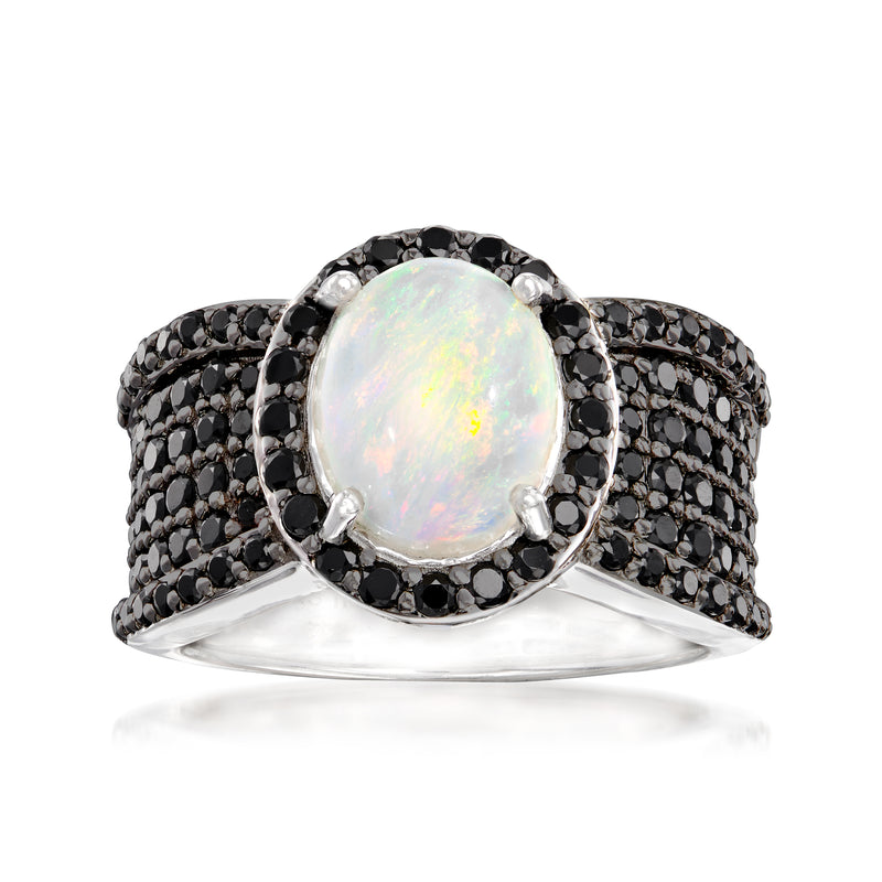 Sterling silver Ethiopian opal and black spinel ring with oval opal center