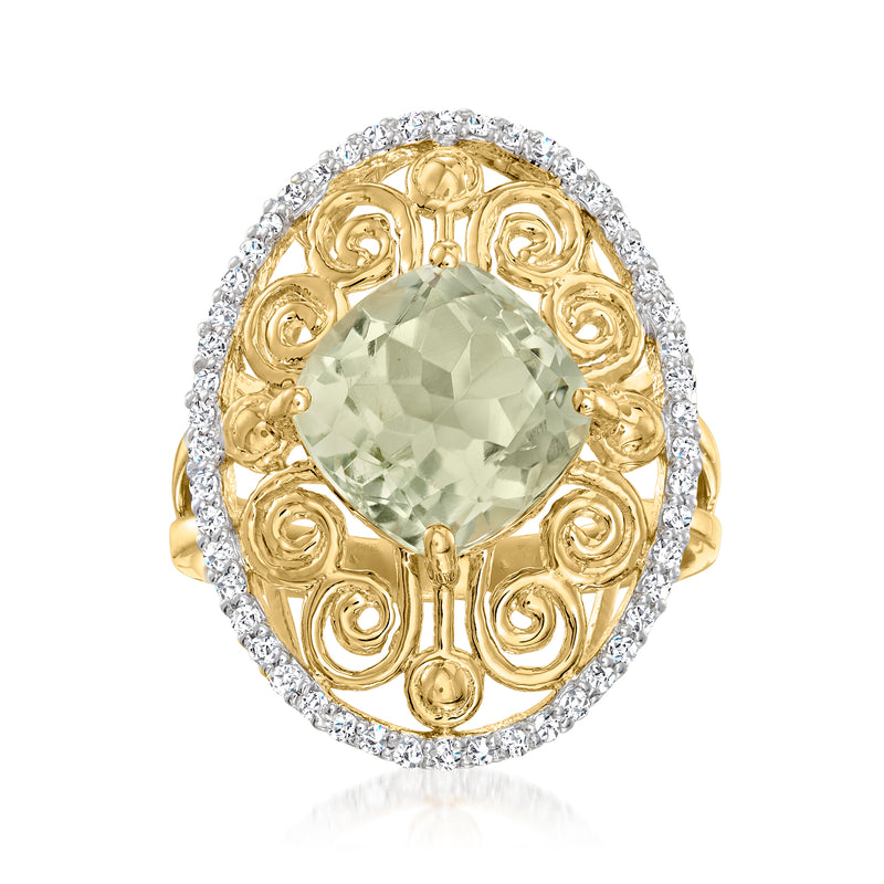 18kt gold over sterling ring with faceted pale green prasiolite center and diamond halo