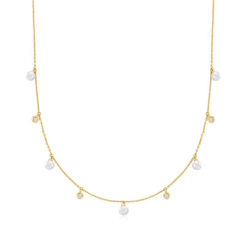 14kt yellow gold station necklace with cultured pearl drops and small diamond accents