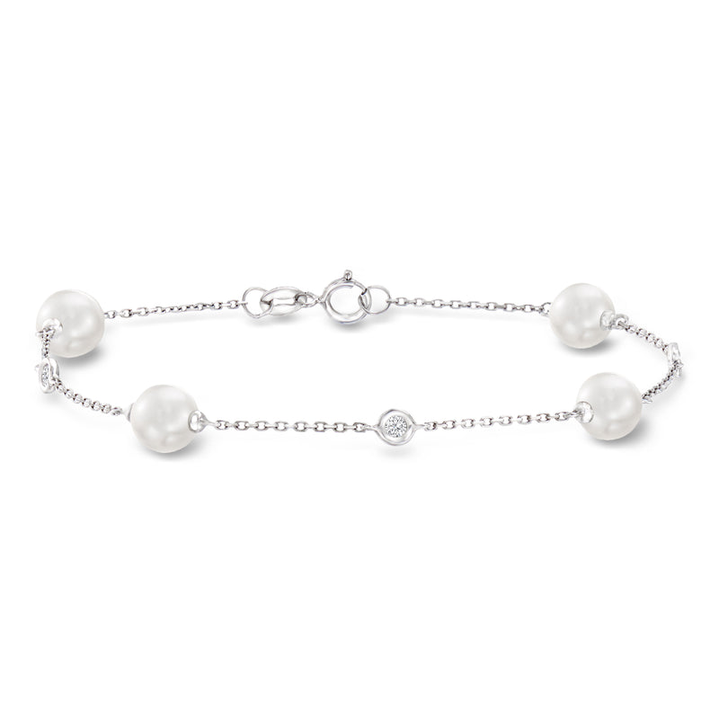14kt white gold pearl bracelet with round white cultured pearls and diamond accents