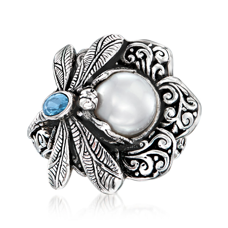 Sterling silver dragonfly ring with blue topaz and pearl cabochon
