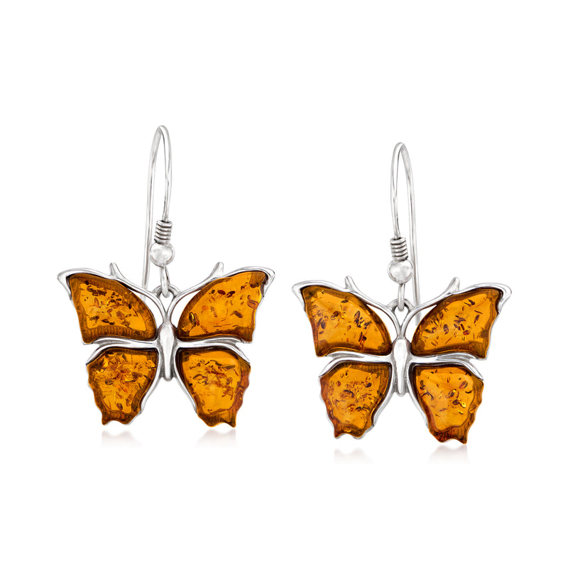 Sterling silver drop earrings with amber butterfly charms and earwire hooks