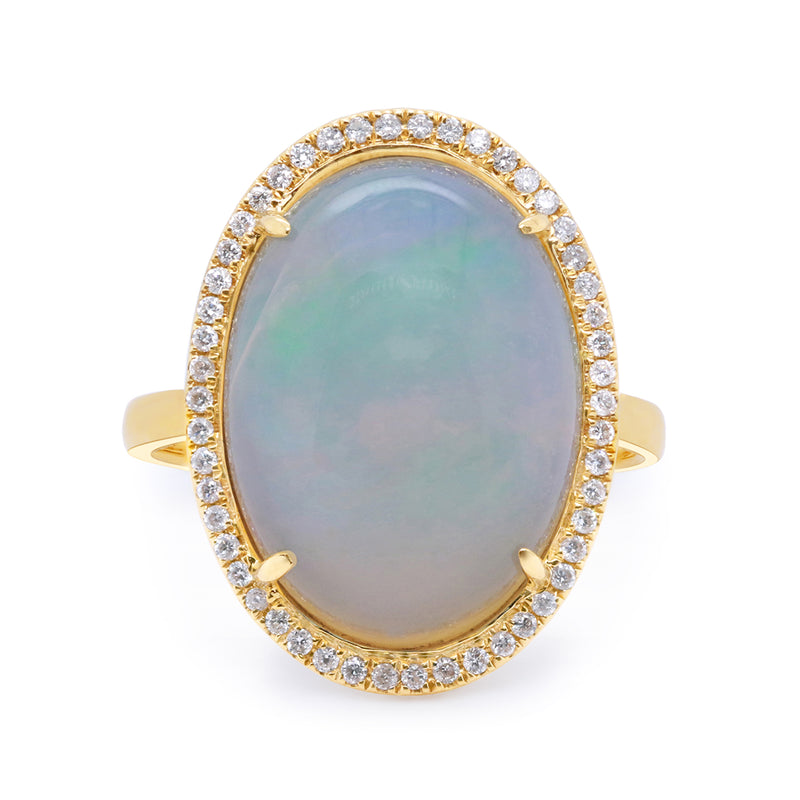 Ethiopian opal halo ring with diamond accents in 14kt yellow gold