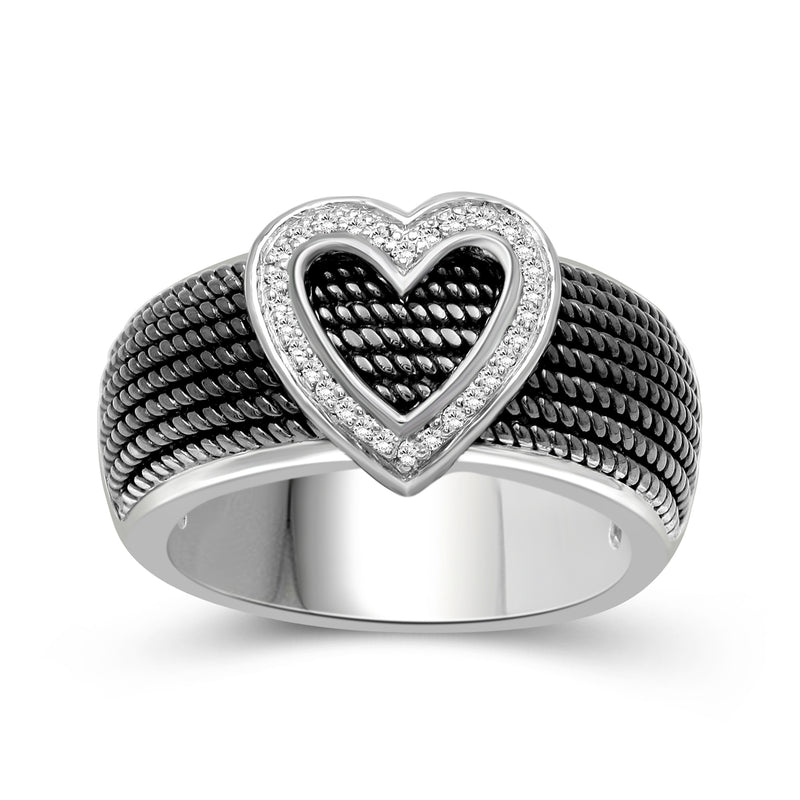 Sterling silver heart ring with diamond heart and textured black band