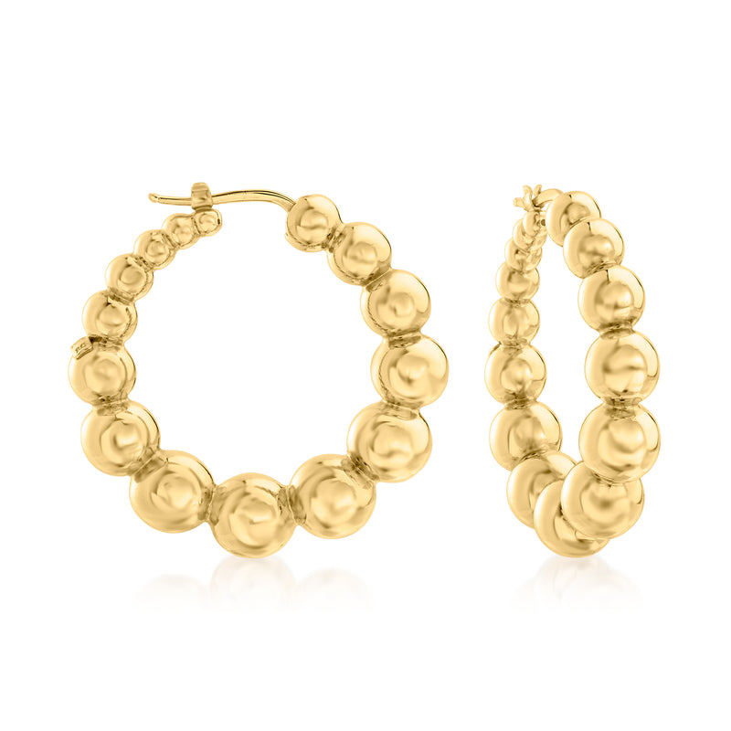 18kt yellow gold graduated beaded hoop earrings, round sphere design