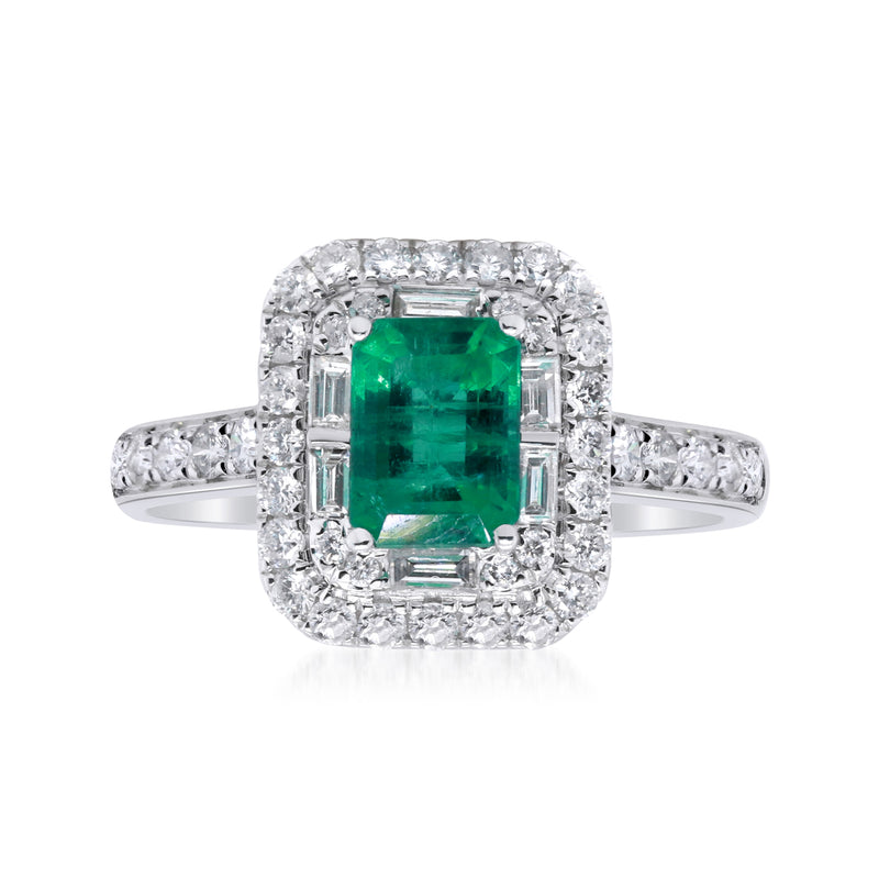Emerald and diamond ring in 14kt white gold with rectangular emerald center stone