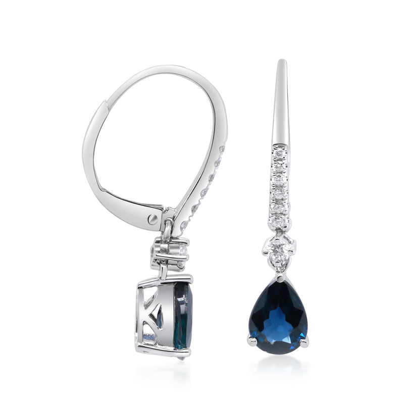Leverback sapphire drop earrings in 14kt white gold with diamond accents