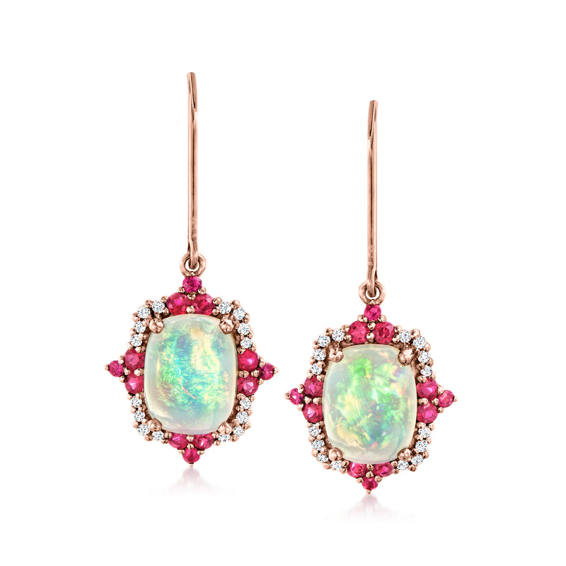 Rose gold leverback drop earrings with oval opal and pink ruby accents, diamond halo