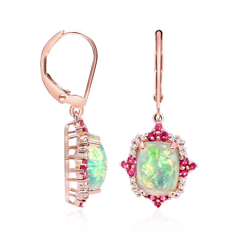 Rose gold leverback earrings showing back hardware, oval opal with ruby and diamond border