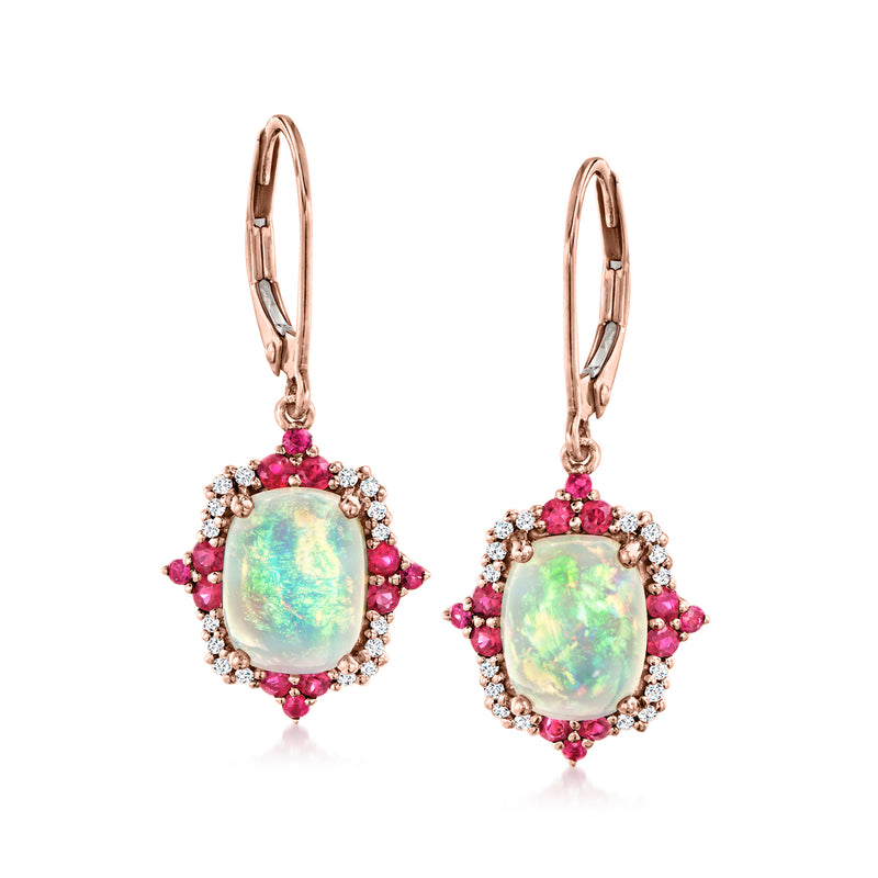 Rose gold leverback drop earrings, oval opal center with ruby clusters and diamond halo