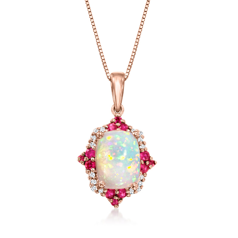 Rose gold pendant necklace with oval opal, pink rubies, and diamond halo