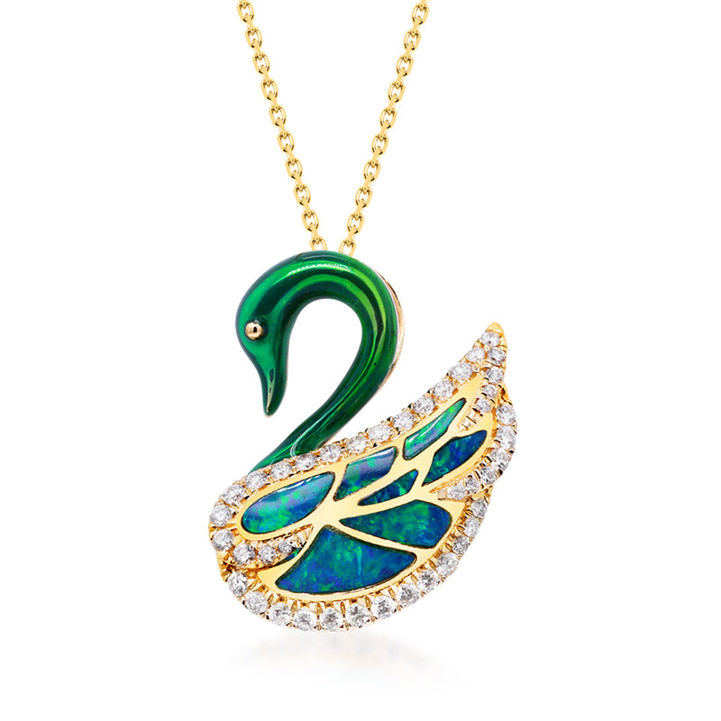 14kt gold swan pendant necklace with green rhodium, opal-like center, diamond accents