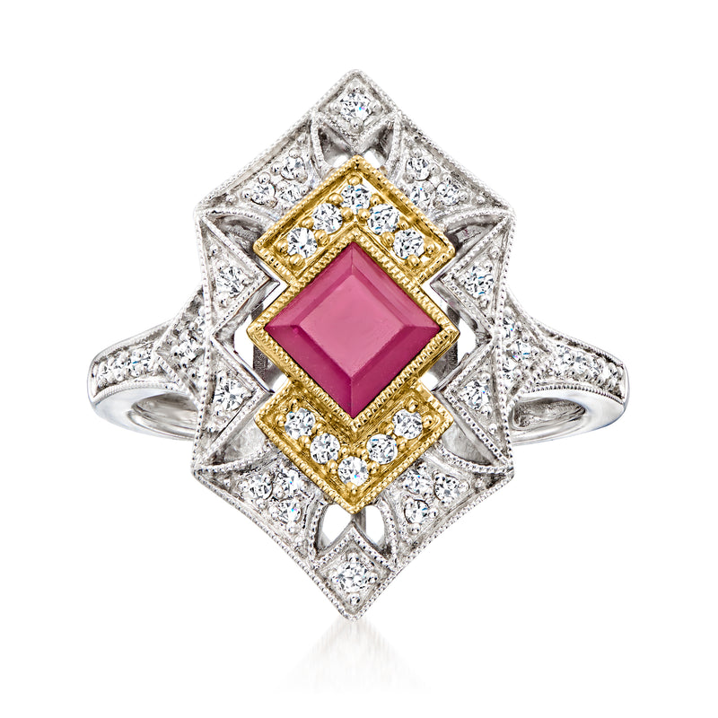 Two-tone gold ruby and diamond square halo ring with pink center stone