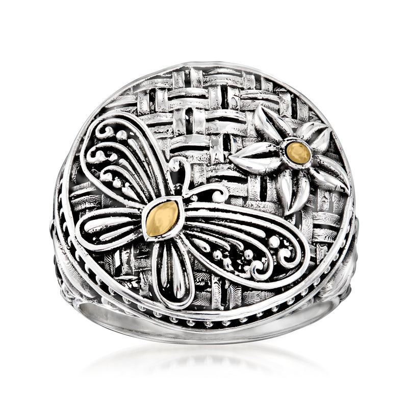 Sterling silver Bali-style ring with basketweave, butterfly/flower motifs, yellow gold accents
