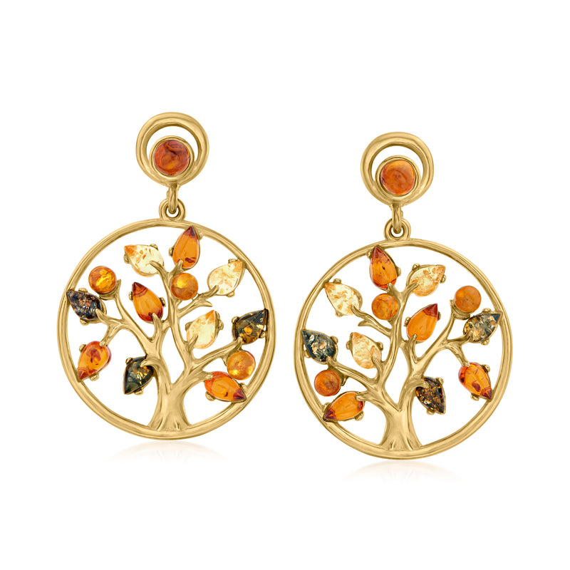 Gold-tone tree-of-life drop earrings with multicolor amber stones, round frame