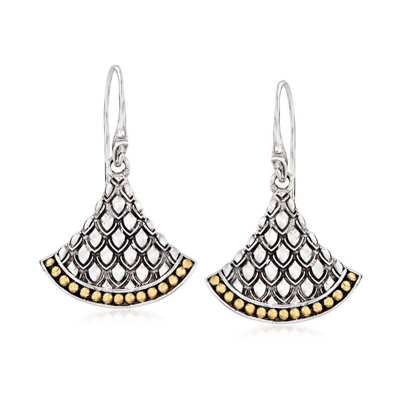 Sterling silver fan drop earrings with dragon-scale pattern and 18kt yellow gold accents