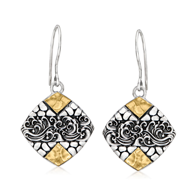 Sterling silver drop earrings with cobblestone pattern, gold diamond accents
