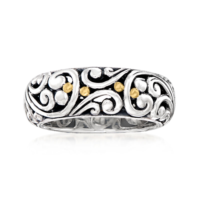 Sterling silver Bali-style scrollwork ring with small 18kt yellow gold accents