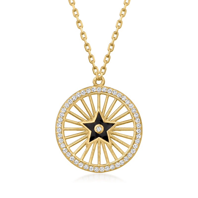 Gold starburst pendant necklace with CZ halo and black enamel center, link chain