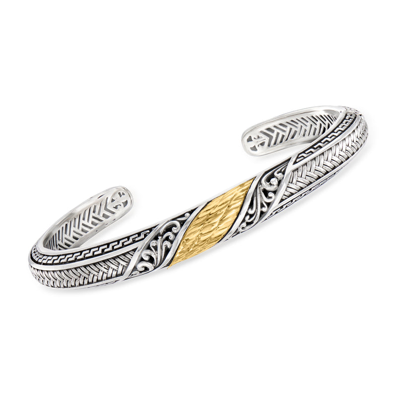 Bali-style cuff bracelet in sterling silver with 18kt yellow gold inlay and engraved pattern