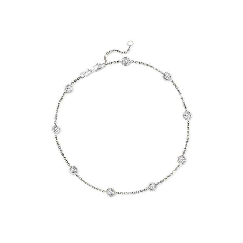 14kt white gold diamond station anklet with round stations and clasp chain