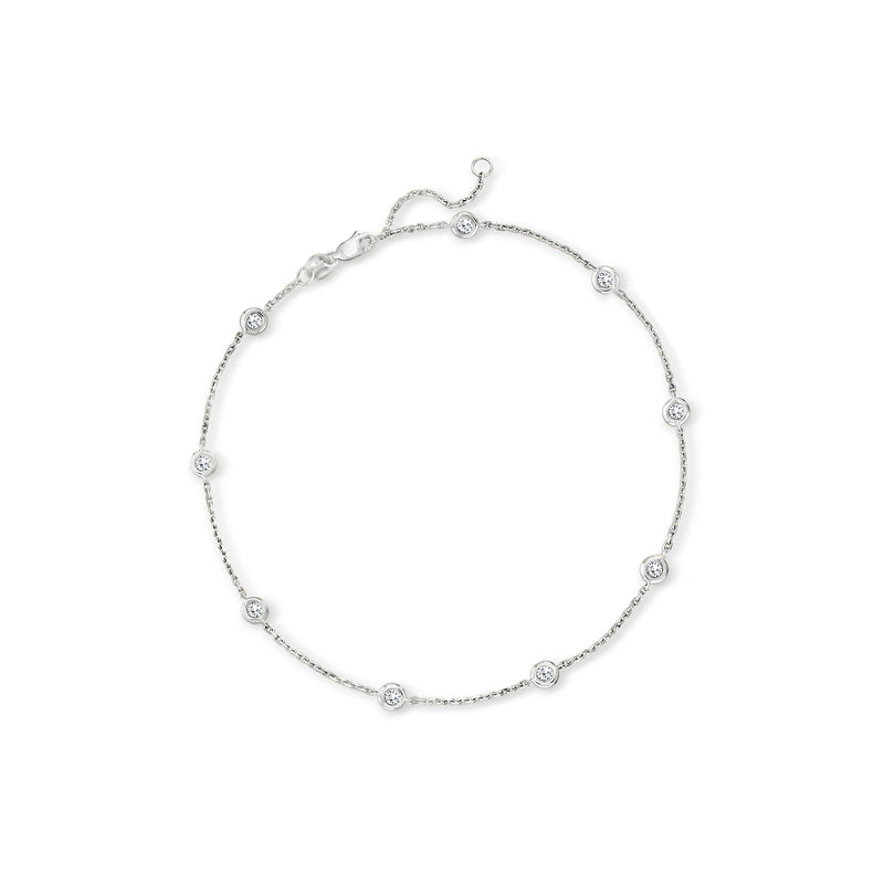 14k white gold diamond station anklet with round bezel-set stones