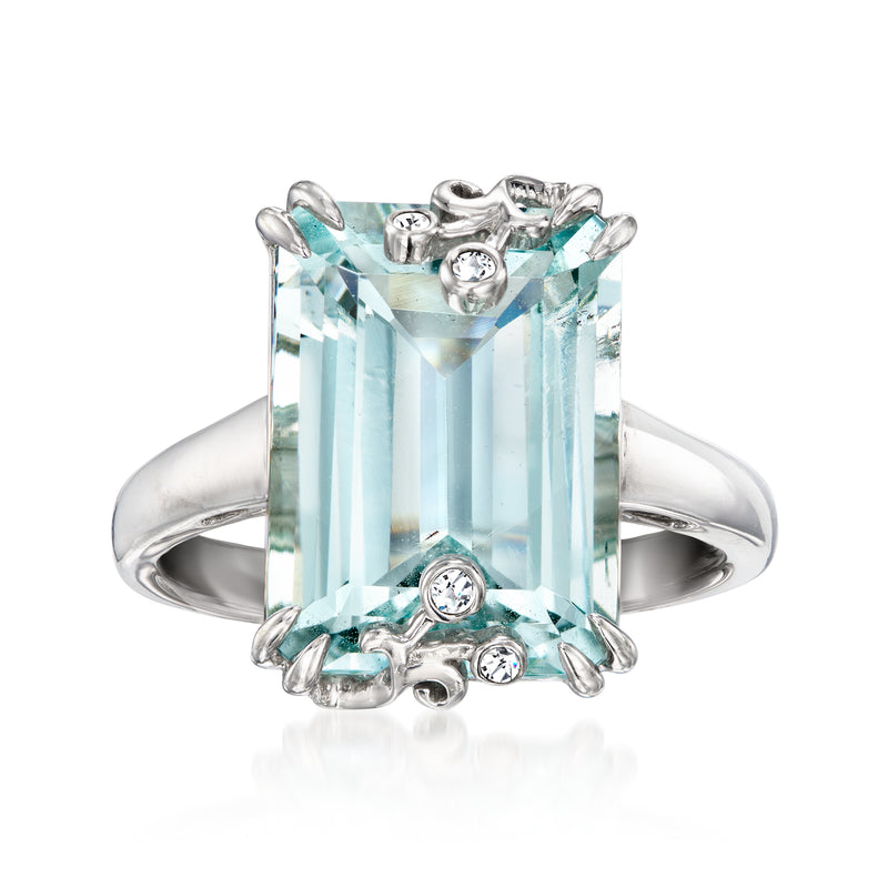 Aquamarine and diamond ring in 14kt white gold with emerald-cut center