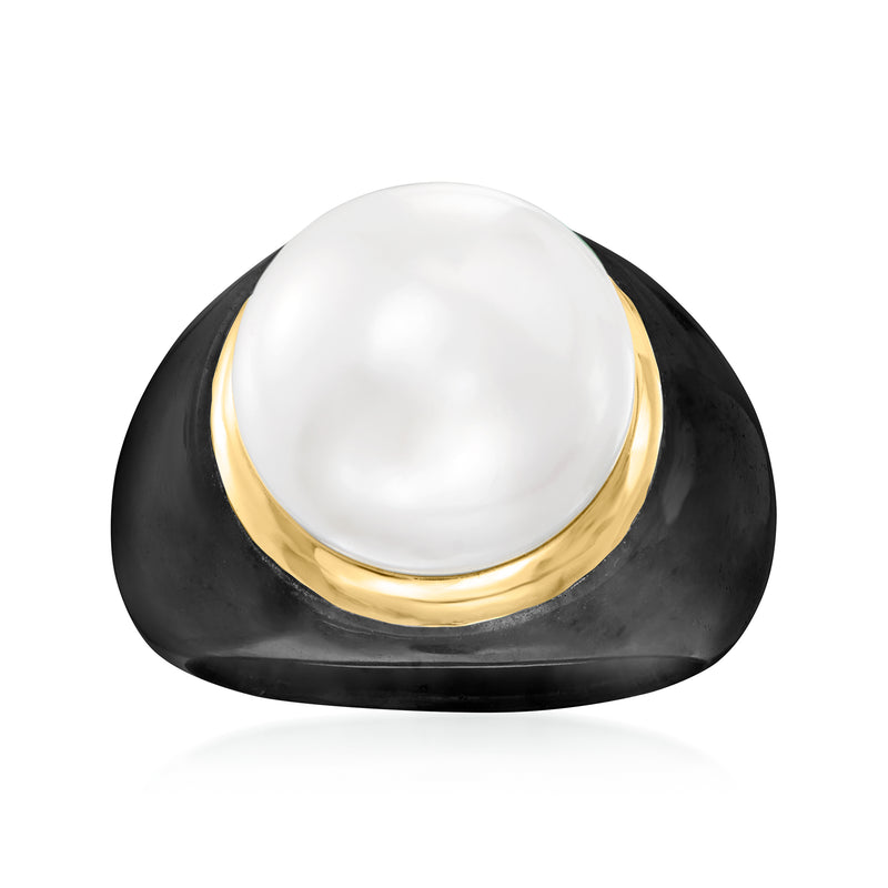 Black stone and white cultured pearl ring with 14kt yellow gold bezel
