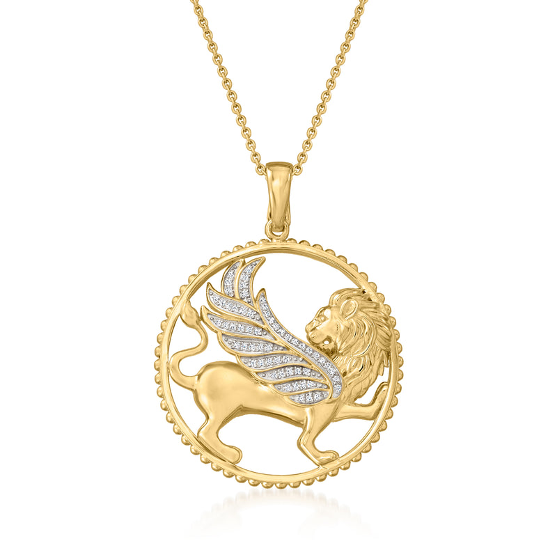 Gold over sterling winged lion medallion pendant necklace with diamond accents