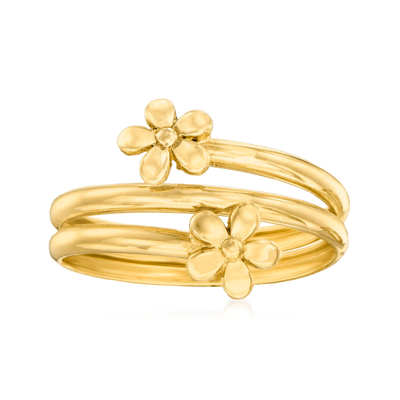 14kt yellow gold coil bypass ring with three-petal floral flower accents