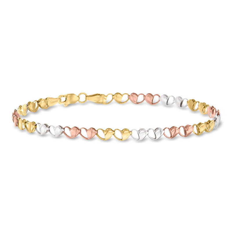 Tri-colored gold heart-link bracelet with alternating yellow, rose, and white hearts