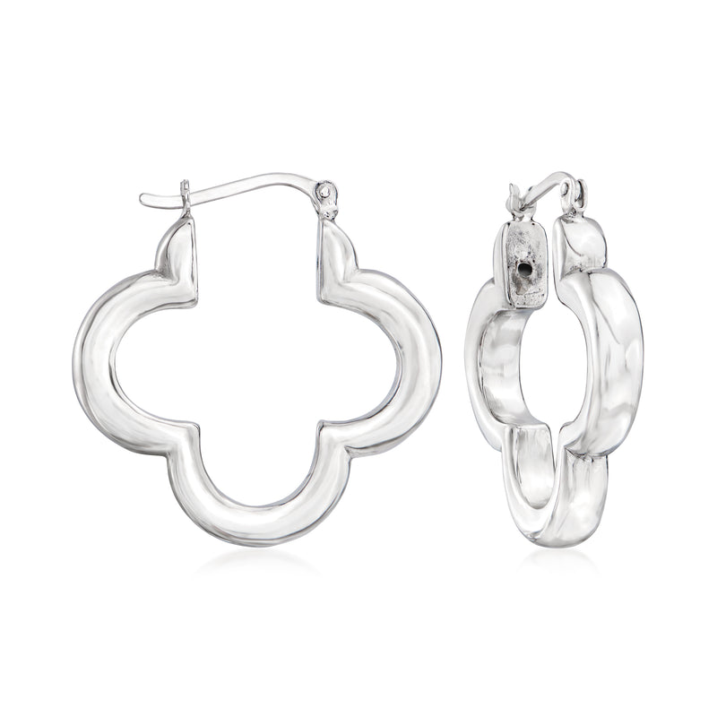 Sterling silver three-leaf clover hoop earrings with rounded leaf cutouts