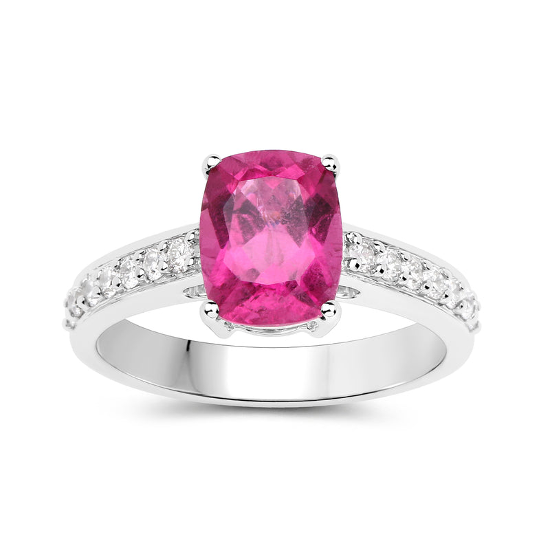 14kt white gold rubellite cushion ring with round diamond accents