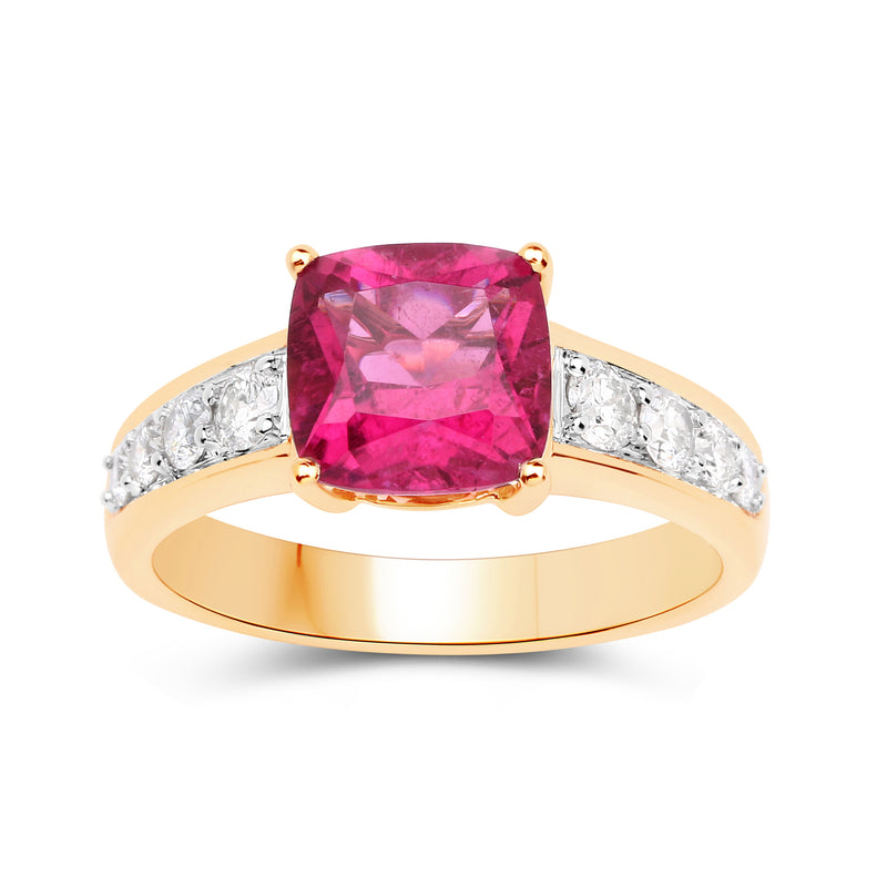 14kt yellow gold ring with square pink rubellite center and diamond side accents