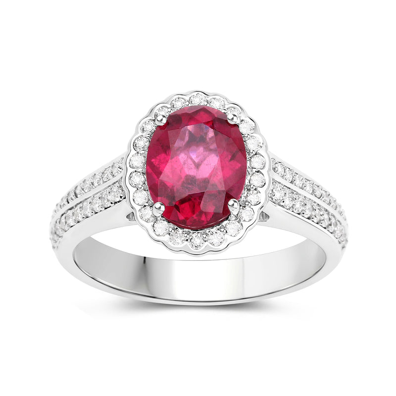 14kt white gold ring with oval red rubellite center and round diamond halo