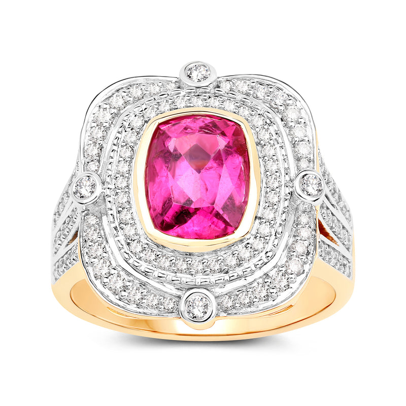 Pink cushion-cut rubellite ring with diamond halo and 14kt yellow gold band