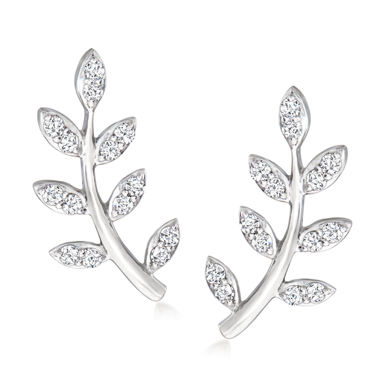 Sterling silver diamond leaf branch ear climber earrings