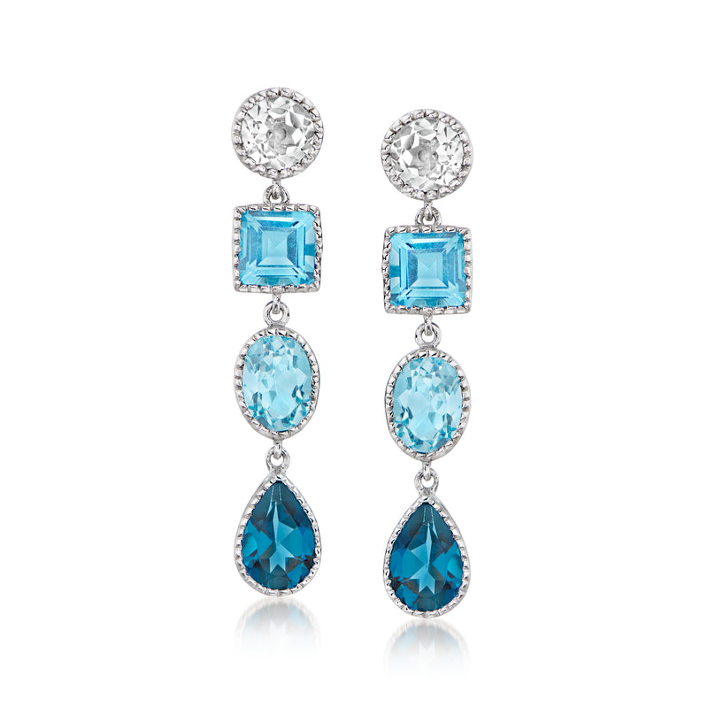 Sterling silver drop earrings with blue and white topaz drops in three sizes
