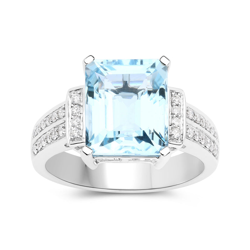 Aquamarine gemstone and diamond ring in 14kt white gold, rectangular step-cut stone
